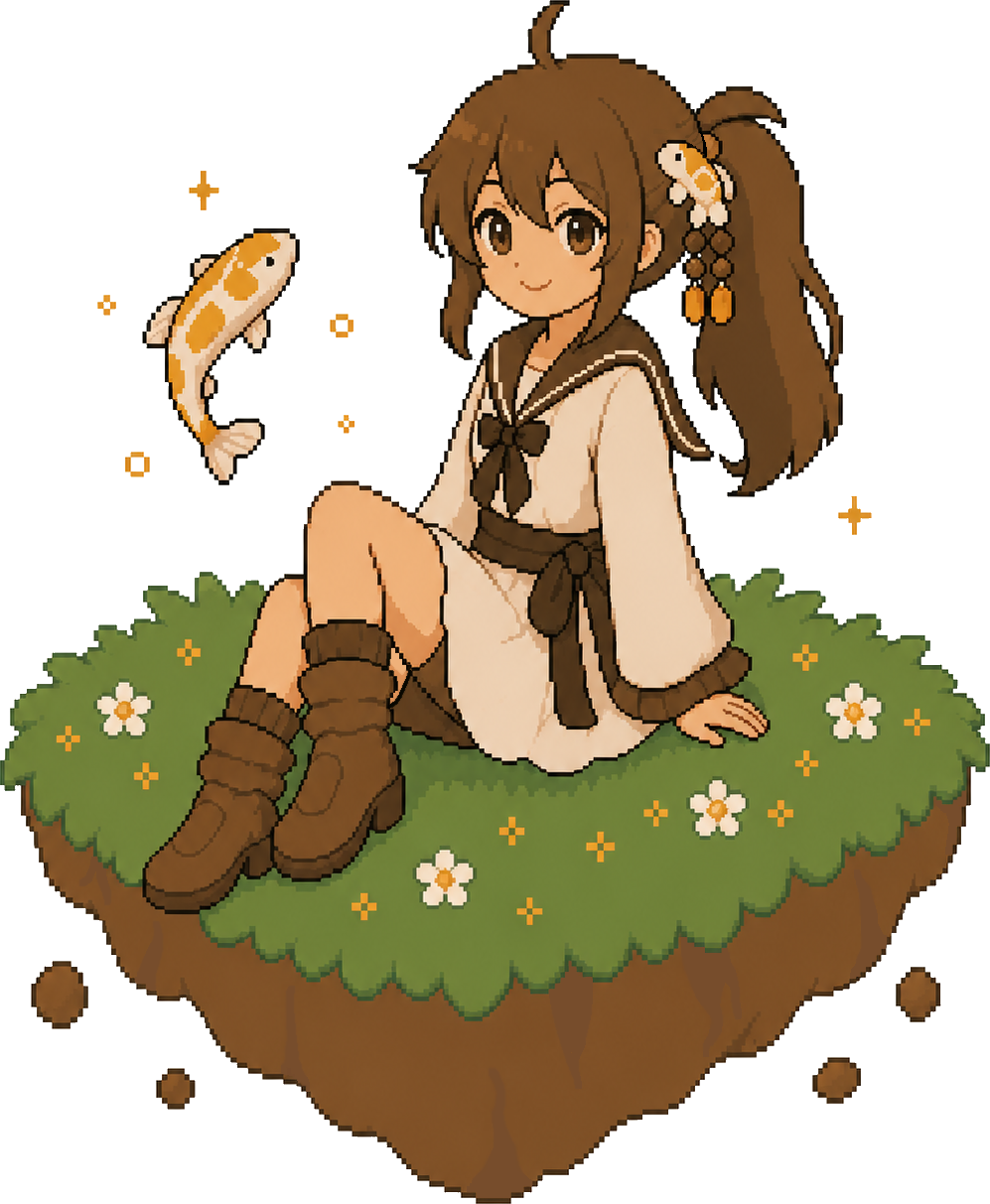 Pixel-art girl sitting on a floating grassy island with a koi fish.